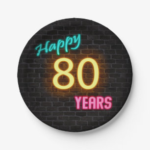 Neon number 80 sign on brick wall paper plate