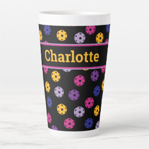 Neon on black pickleball, custom name  latte mug
