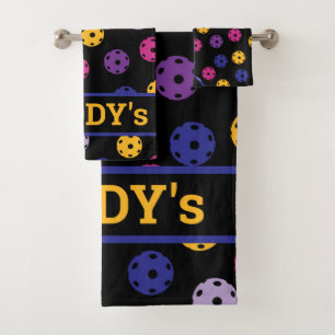 Neon on black pickleball, custom text bath towel set