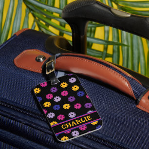 Neon on black pickleball, custom text luggage tag