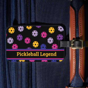 Neon on black pickleball, custom text luggage tag
