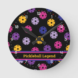 Neon on black pickleball, custom text round clock