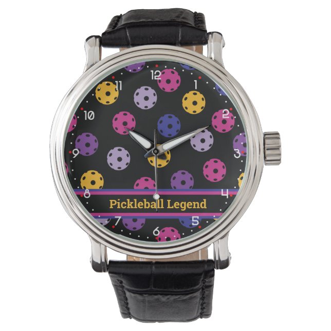 Neon on black pickleball, custom text  watch (Front)