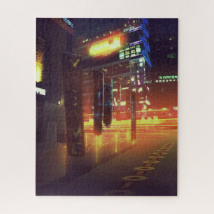 Neon Orange Cyberpunk City Jigsaw Puzzle