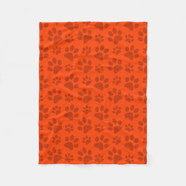 Neon orange dog paw print fleece blanket (Front)