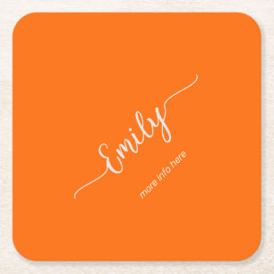 neon  orange elegant script square paper coaster