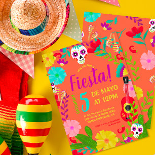 Neon orange floral Mexican 5 de mayo fiesta party Invitation