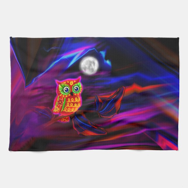 Neon Owl Thunderstorm Flash Tea Towel (Horizontal)