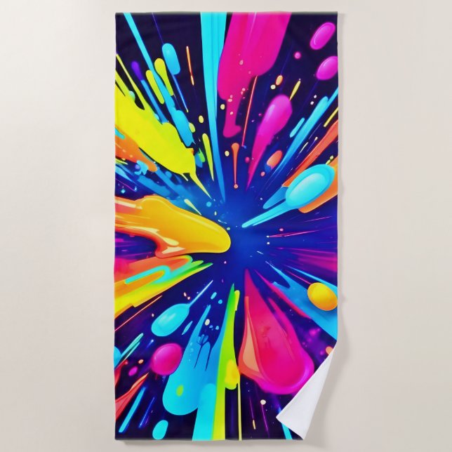  Neon Paint Explosion on Dark Canvas Beach Towel (Front)