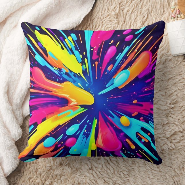  Neon Paint Explosion on Dark Canvas Cushion (Blanket)