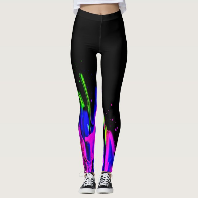 Neon Paint Splash Blue Pink Green and Black Leggings (Front)