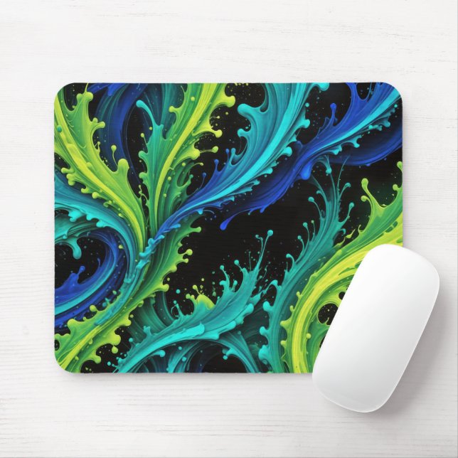 Neon Paint Splashes On Black Mouse Pad (With Mouse)