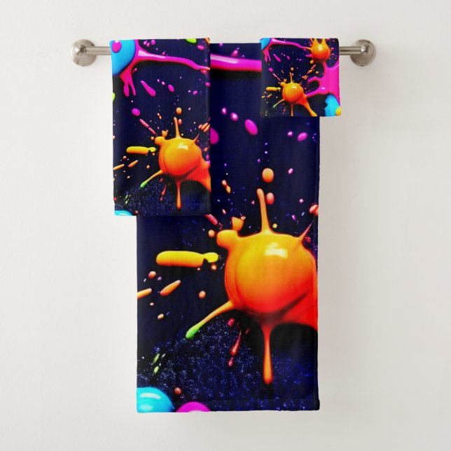 Neon Paint Splatter Abstract Art Bath Towel Set (Insitu)