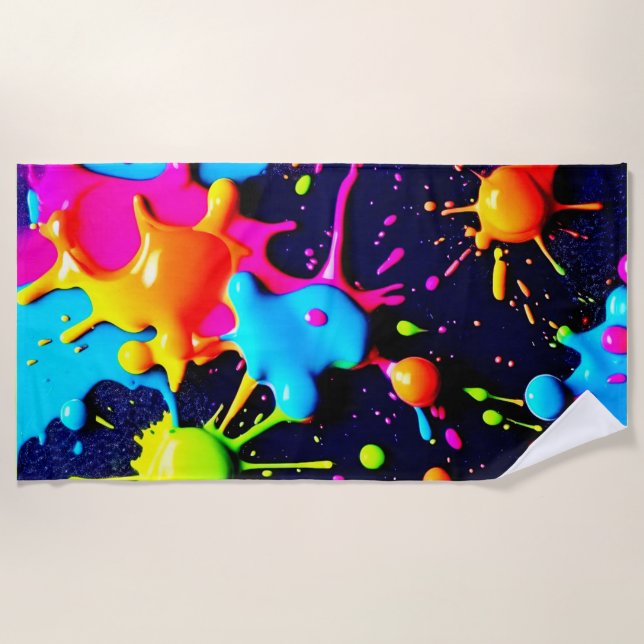 Neon Paint Splatter Abstract Art Beach Towel (Front)
