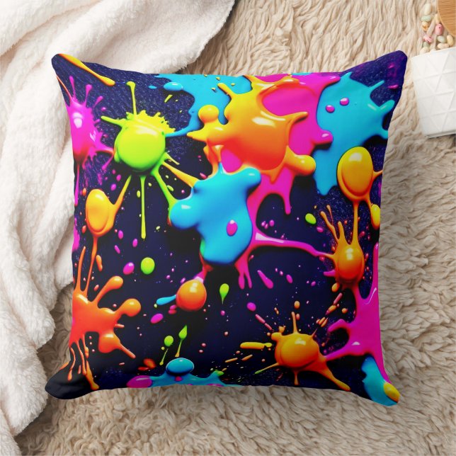 Neon Paint Splatter Abstract Art Cushion (Blanket)