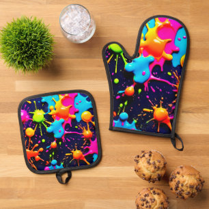 Neon Paint Splatter Abstract Art Oven Mitt & Pot Holder Set