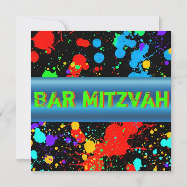 Neon Paint Splatter, Bar Mitzvah Invitation (Front)