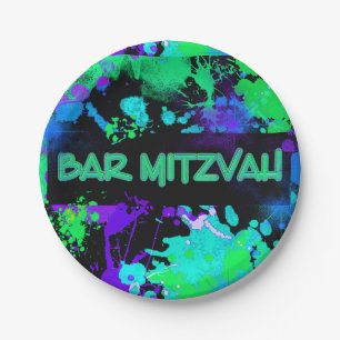 Neon, Paint Splatter, Bar Mitzvah Paper Plate