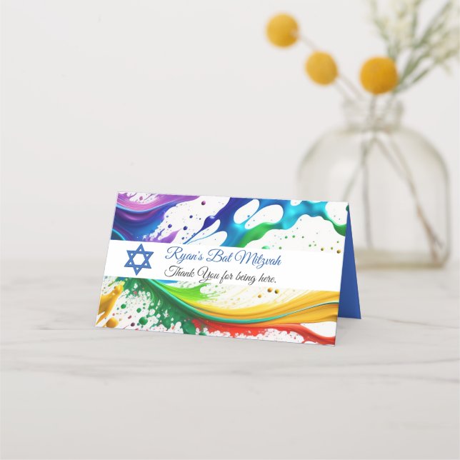 Neon Paint Splatter, Bat Mitzvah Star of David Place Card (Back)