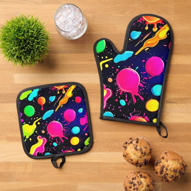 Neon Paint Splatter Design Oven Mitt & Pot Holder Set (Top Down)