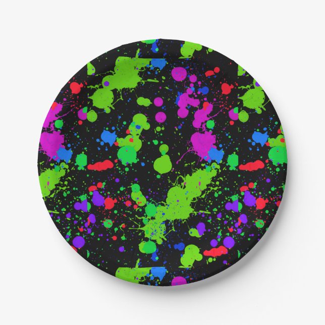 Neon Paint Splatter, Faux Glow in the Dark, Paper Plate (Front)