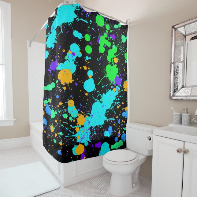 Neon Paint Splatter, Modern, Fun Shower Curtain (In Situ)
