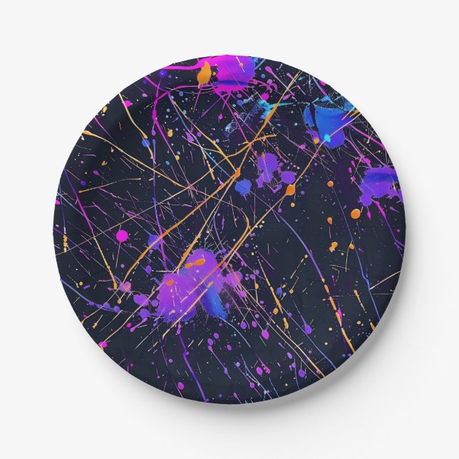 Neon Paint Splatter Paper Plate (Front)