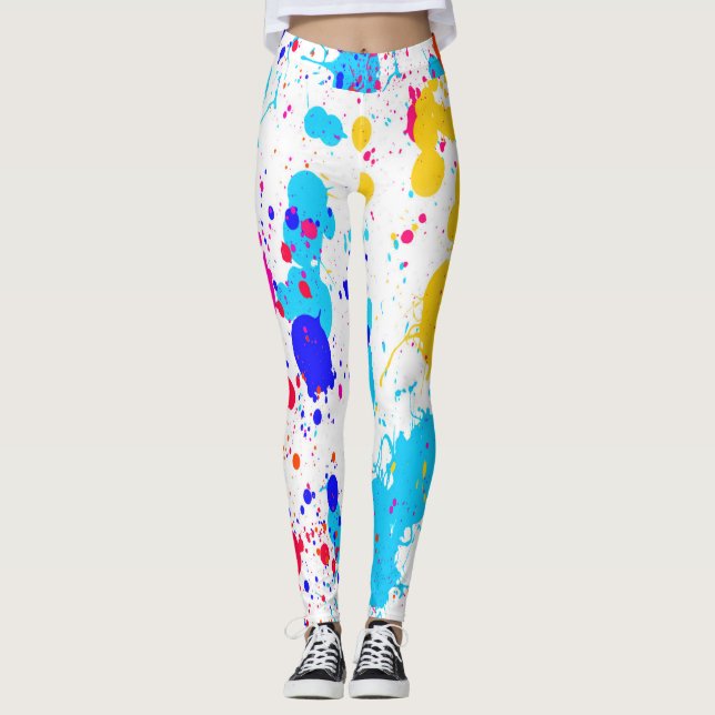 Neon Paint Splatter Purple Yellow Turquoise Leggings (Front)