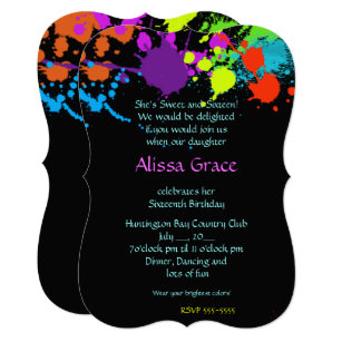 Neon Paint Splatter, Sweet Sixteen, Invitation