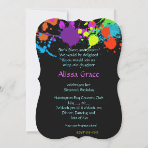 Neon Paint Splatter, Sweet Sixteen, Invitation