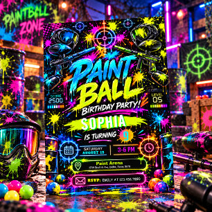 Neon Paintball Birthday Colourful Paint Splatter Invitation