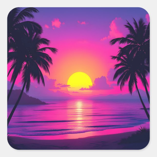Neon Palm Sunset – Vaporwave Tropical Aesthetic Square Sticker (Front)