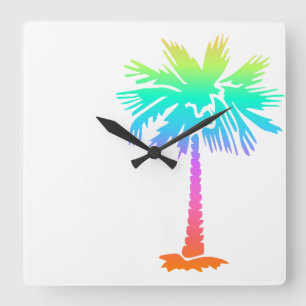 neon palm tree tropical summer colorful square wall clock