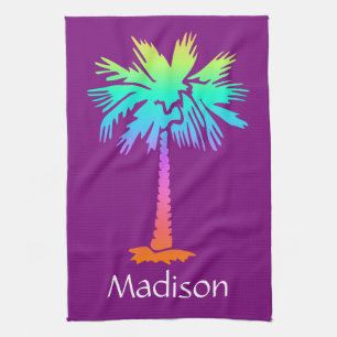 neon palm tree tropical summer purple customisable tea towel
