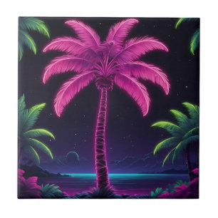 Neon Palm Tree with Retro Vibes and Tropical Glow Ceramic Tile