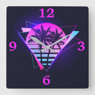 Neon Palm Trees Square Wall Clock