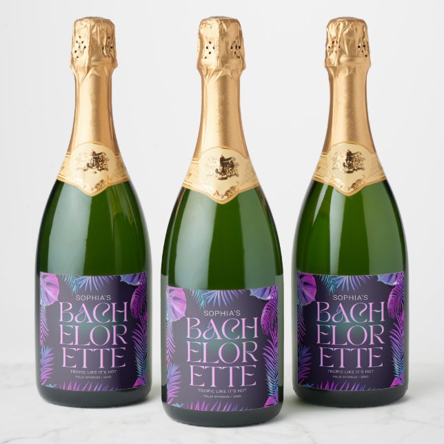 Neon Palm Tropical Bachelorette Party Sparkling Wine Label (Bottles)