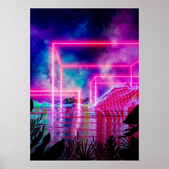 Neon palms landscape: Cube Poster (Front)