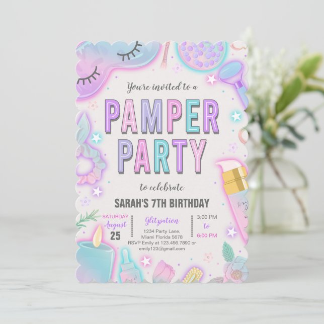 Neon Pamper Spa Party Birthday Invitation (Standing Front)