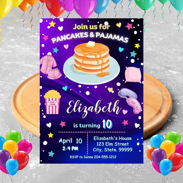 Neon Pancakes and Pyjamas Birthday Party Invitatio Invitation (Creator Uploaded)