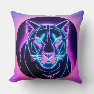 Neon Panther Face in Geometric Art Cushion