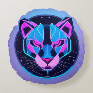 Neon Panther Face In Geometric Futuristic Style 🐆 Round Cushion