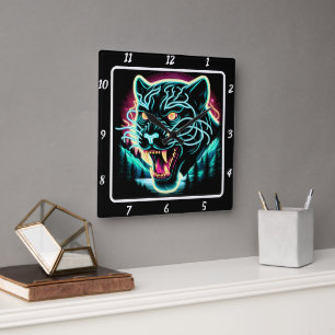 Neon Panther Shadow Square Wall Clock