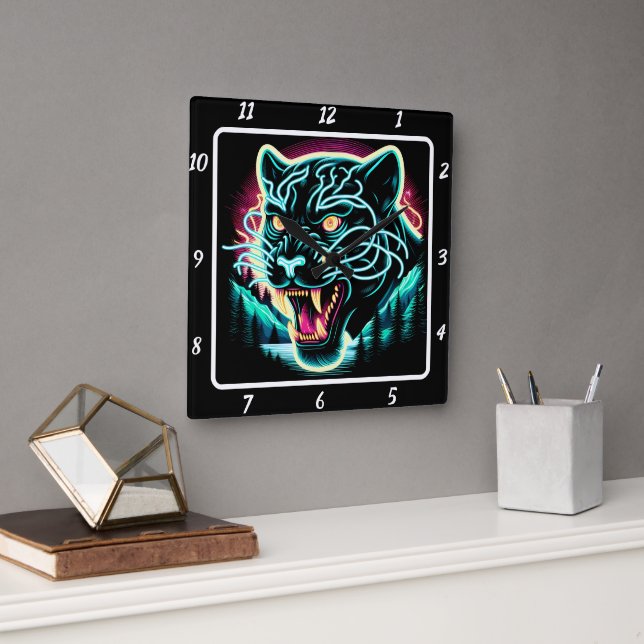 Neon Panther Shadow Square Wall Clock (Office)