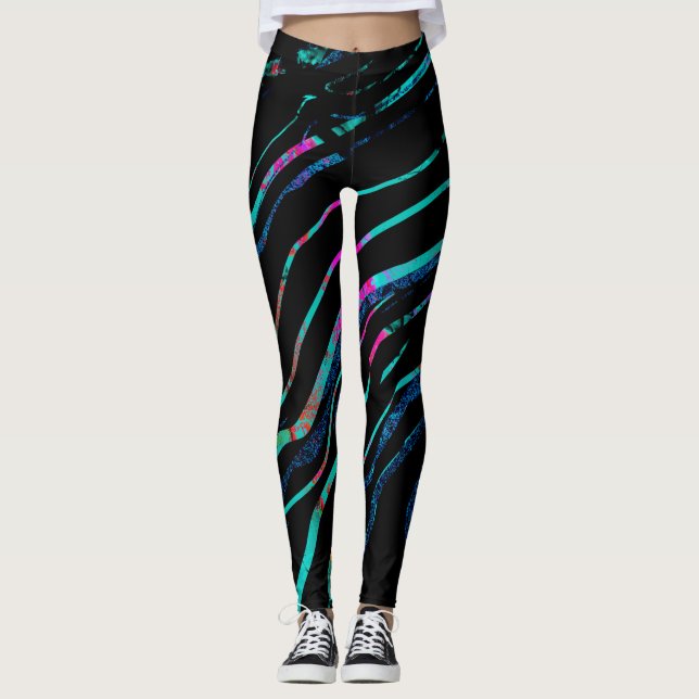 Neon Pastel Black Marble Shimmer Rainbow Leggings (Front)