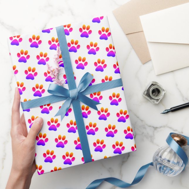 Neon Paw Prints On White Wrapping Paper (Gifting)