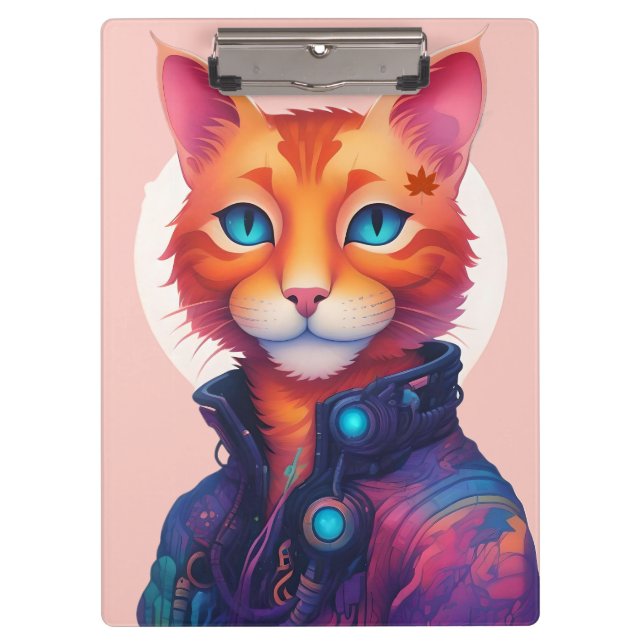 "Neon Paws: The Ginger, Blue-Eyed Cyberpunk Cat" Clipboard (Front)
