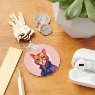 "Neon Paws: The Ginger, Blue-Eyed Cyberpunk Cat" Key Ring