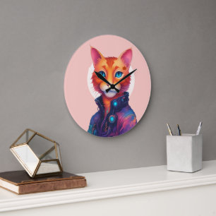 "Neon Paws: The Ginger, Blue-Eyed Cyberpunk Cat" Large Clock