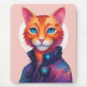 "Neon Paws: The Ginger, Blue-Eyed Cyberpunk Cat" Mouse Pad